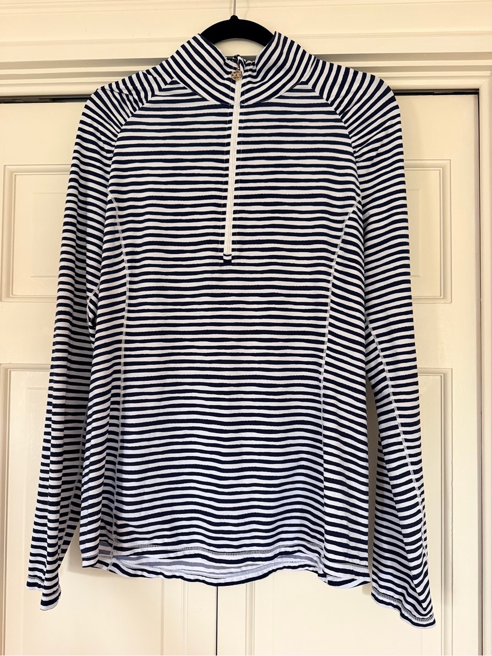 EUC Lilly Pulitzer Navy and White Striped Quarter-Zip Luxletic Top XL